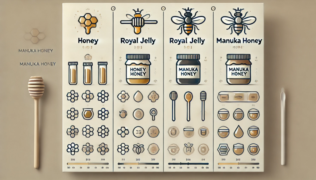 はちみつ、マヌカハニー、ローヤルゼリーの比較表
